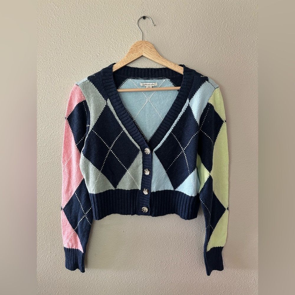 American Eagle Cropped Argyle Colorblock Button Up Cardigan Sweater Size S